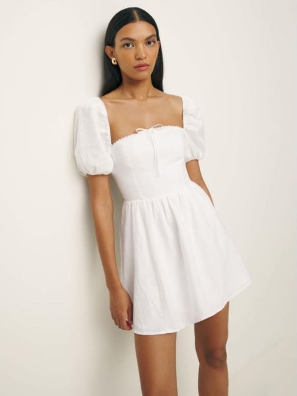 Reformation Malvina Linen Puff Sleeve Mini Dress White 6 NWT